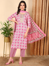 Women Pink Pure Cotton Geometric Printed Yoke Design Kurta Trouser With Dupatta